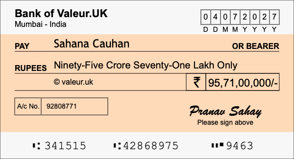 How to write a cheque for 95.71 crore rupees