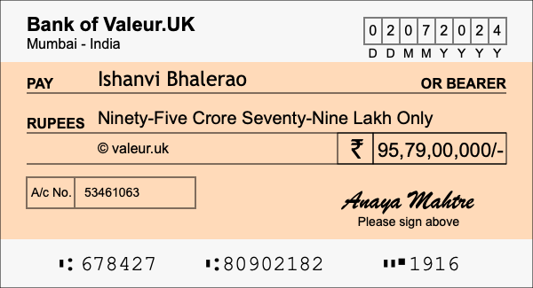 How to write a cheque for 95.79 crore rupees