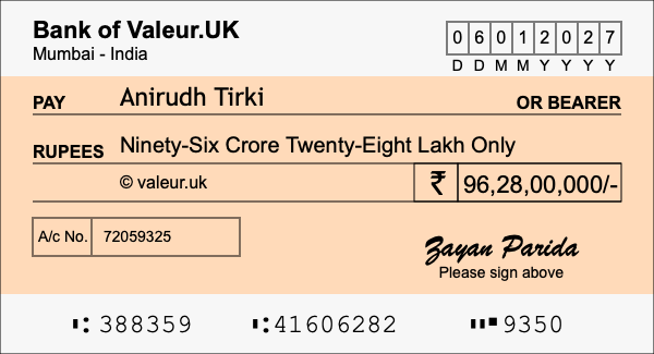 How to write a cheque for 96.28 crore rupees