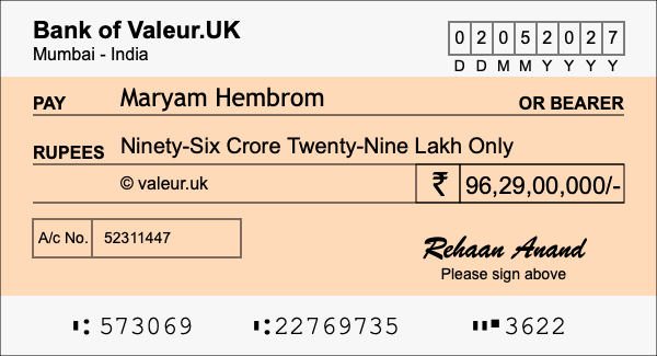 How to write a cheque for 96.29 crore rupees