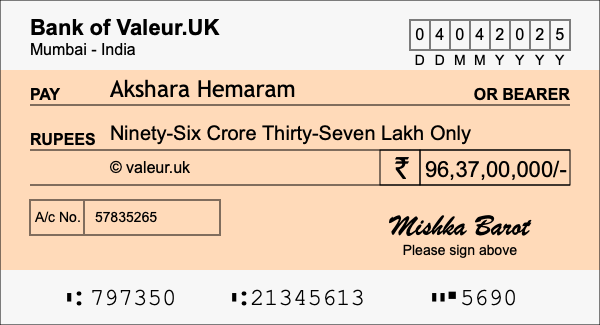 How to write a cheque for 96.37 crore rupees How to write a cheque for 96.37 crore rupees