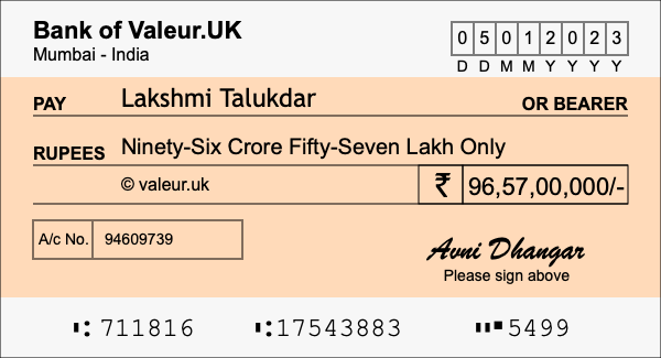 How to write a cheque for 96.57 crore rupees