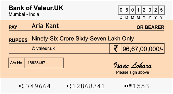 How to write a cheque for 96.67 crore rupees