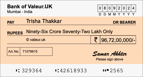 How to write a cheque for 96.72 crore rupees