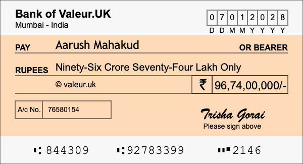 How to write a cheque for 96.74 crore rupees