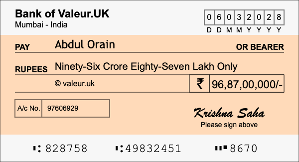 How to write a cheque for 96.87 crore rupees