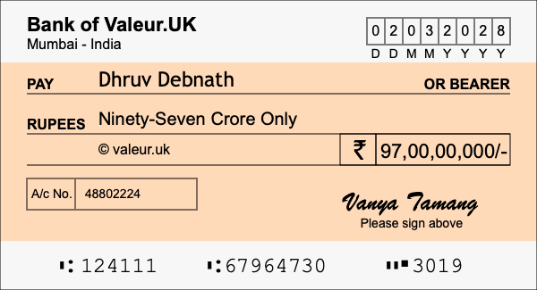 How to write a cheque for 97 crore rupees