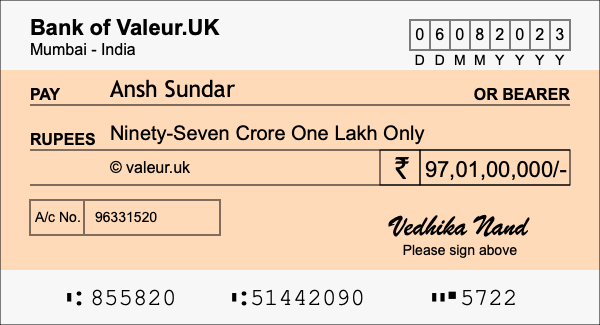 How to write a cheque for 97.01 crore rupees