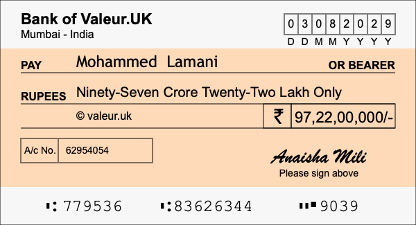 How to write a cheque for 97.22 crore rupees