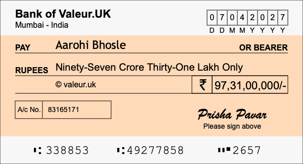 How to write a cheque for 97.31 crore rupees