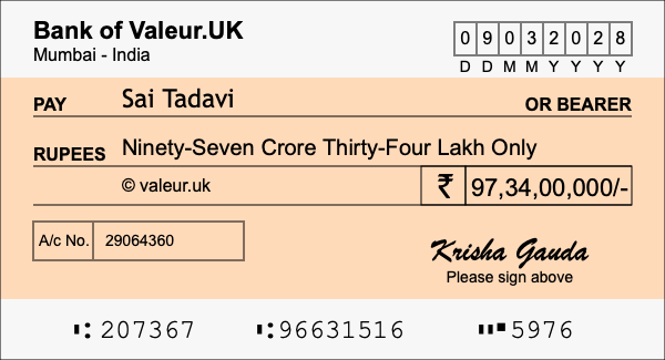 How to write a cheque for 97.34 crore rupees