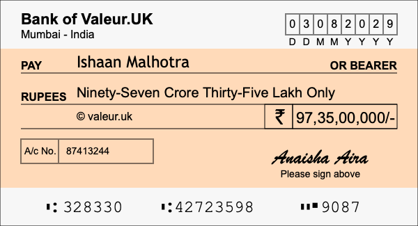 How to write a cheque for 97.35 crore rupees
