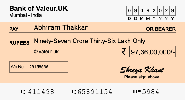How to write a cheque for 97.36 crore rupees