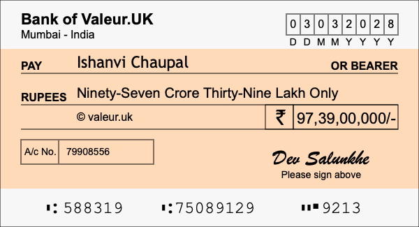How to write a cheque for 97.39 crore rupees