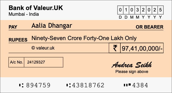 How to write a cheque for 97.41 crore rupees