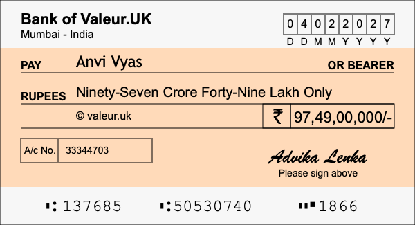 How to write a cheque for 97.49 crore rupees
