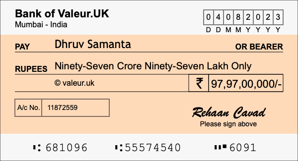 How to write a cheque for 97.97 crore rupees