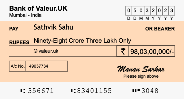 How to write a cheque for 98.03 crore rupees