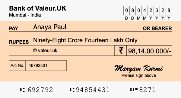 How to write a cheque for 98.14 crore rupees