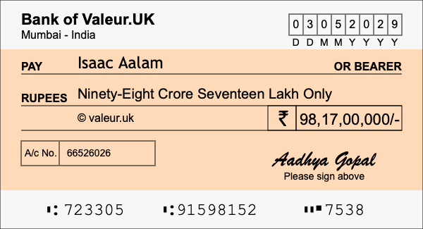 How to write a cheque for 98.17 crore rupees