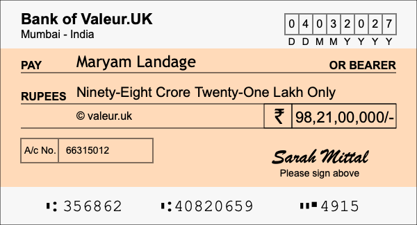 How to write a cheque for 98.21 crore rupees