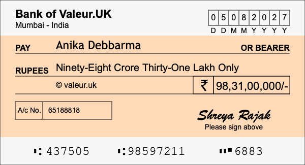 How to write a cheque for 98.31 crore rupees