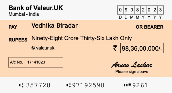 How to write a cheque for 98.36 crore rupees