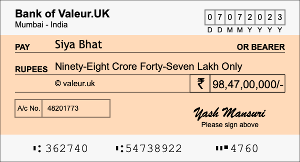 How to write a cheque for 98.47 crore rupees How to write a cheque for 98.47 crore rupees