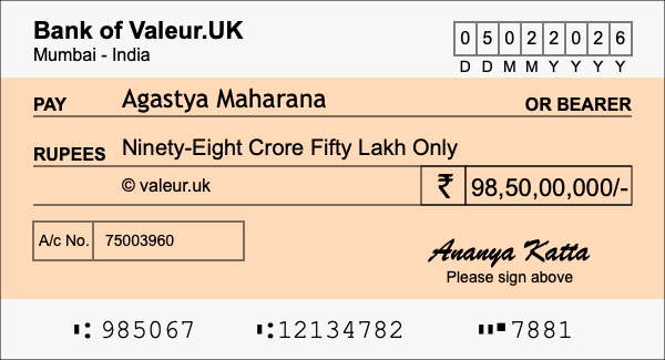 How to write a cheque for 98.5 crore rupees