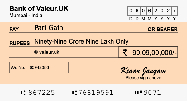 How to write a cheque for 99.09 crore rupees