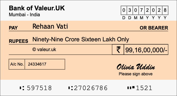 How to write a cheque for 99.16 crore rupees How to write a cheque for 99.16 crore rupees