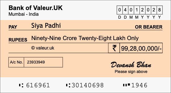 How to write a cheque for 99.28 crore rupees