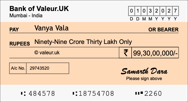 How to write a cheque for 99.3 crore rupees