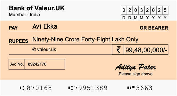 How to write a cheque for 99.48 crore rupees