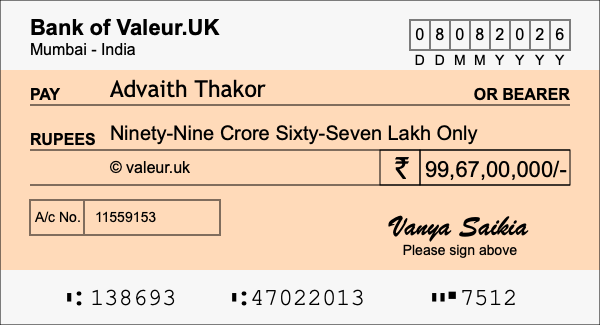 How to write a cheque for 99.67 crore rupees