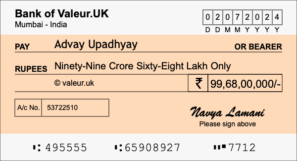 How to write a cheque for 99.68 crore rupees