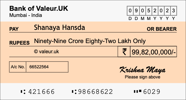 How to write a cheque for 99.82 crore rupees
