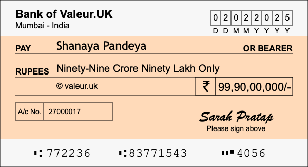 How to write a cheque for 99.9 crore rupees