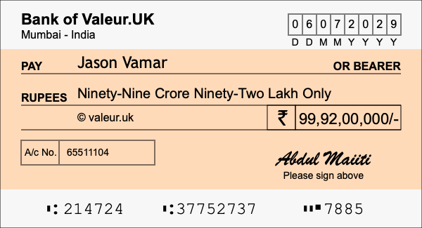 How to write a cheque for 99.92 crore rupees