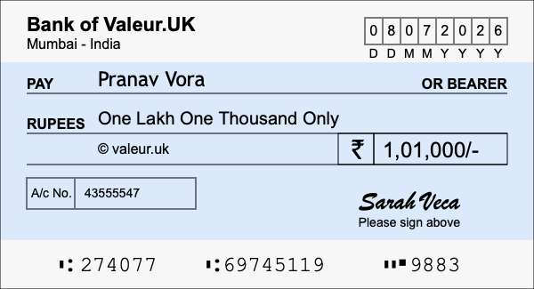 How to write a cheque for 1.01 lakh rupees
