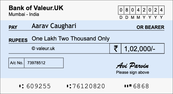 How to write a cheque for 1.02 lakh rupees