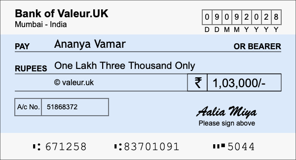 How to write a cheque for 1.03 lakh rupees