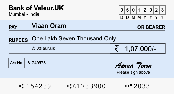 How to write a cheque for 1.07 lakh rupees