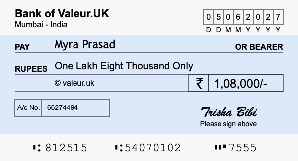 How to write a cheque for 1.08 lakh rupees