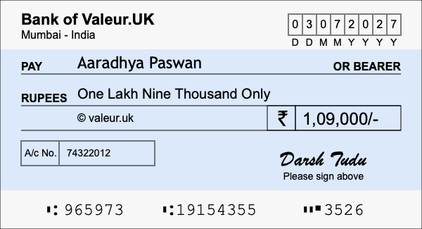 How to write a cheque for 1.09 lakh rupees