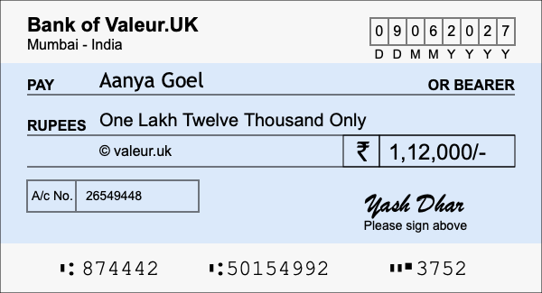 How to write a cheque for 1.12 lakh rupees