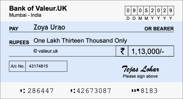 How to write a cheque for 1.13 lakh rupees