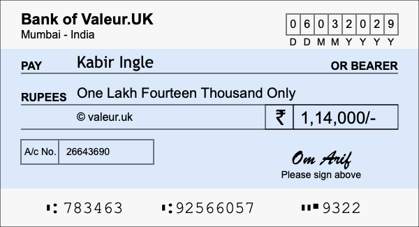 How to write a cheque for 1.14 lakh rupees