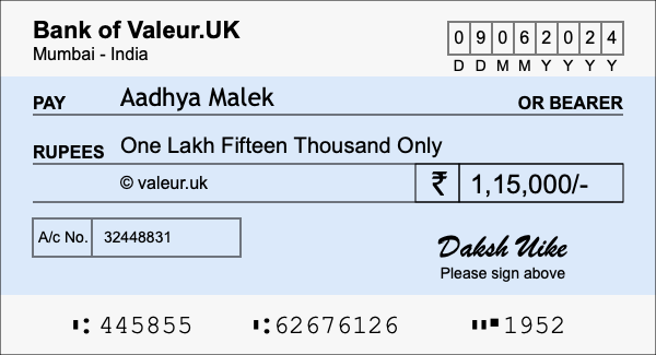 How to write a cheque for 1.15 lakh rupees