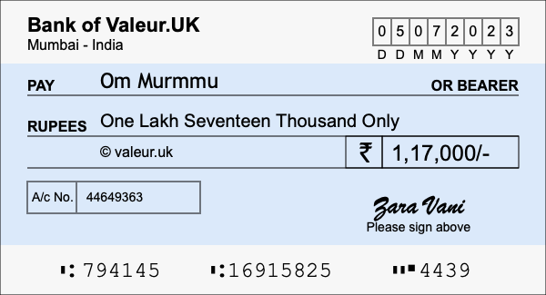 How to write a cheque for 1.17 lakh rupees